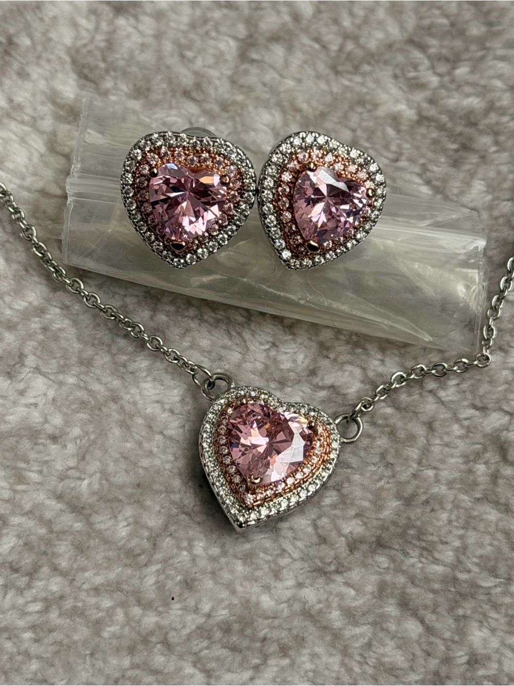 Heart-Shaped Pink Crystal Necklace and Earrings Set #637